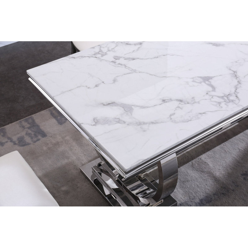 Table de salle à manger Burdell, Argent argent, Blanc / Blanc