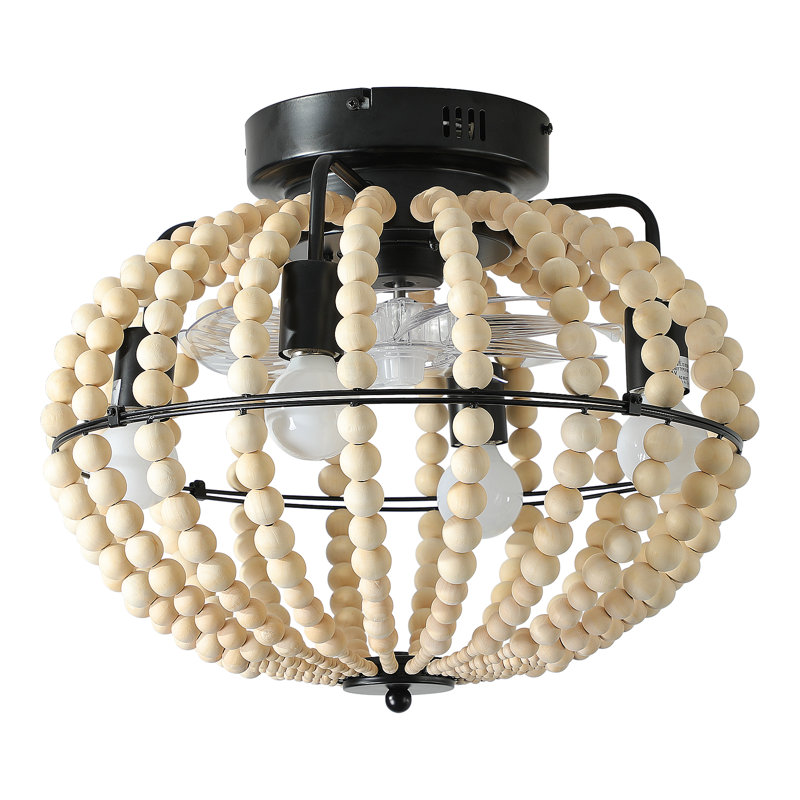 18" White Wood Beaded Ceiling Fan, Flush Mount Caged Low Profile Fan Light Fixture(bulbs Not Included), Versatile For Indoor Entryway Bathroom Bedroom Kitchen