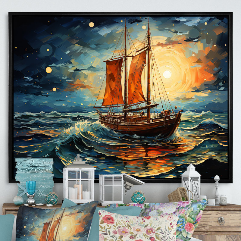 Moonlight Saiboat Horizon II - Bateau, art mural, Cadre flottant noir, H 30 po x l 40 po x P 1,5 po
