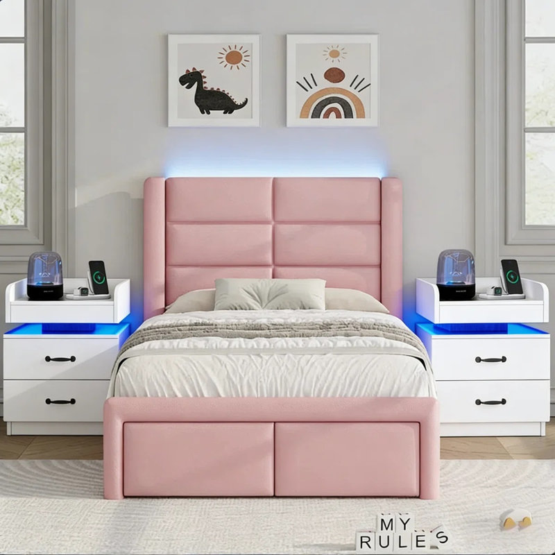 Faux Leather Upholstered Bed Frame with Headboard + 2-Drawer Nightstand with Charging Station, USB Ports & Outlets, Complete 3-Piece Bedroom Set
