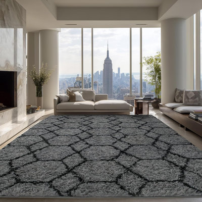 Large Rugs For Living Room, 8X10 Fluffy Grey And Black Bedroom Area Rug, Shag Geometric Soft Fuzzy Carpets Big  Room Rug, Non-Slip Plush Modern Rug For Office Home Decor Aesthetic