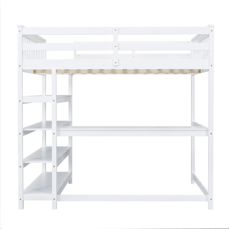 Lit mezzanine avec tablettes de rangement et bureau sous le lit, Blanc, Lit double