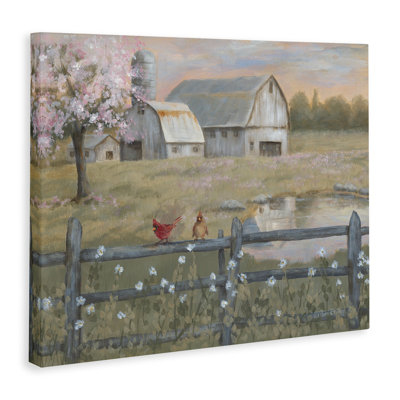 «Blossoming Trees Birds Perché Country Farm Fence», art mural sur toile par Pam Britton