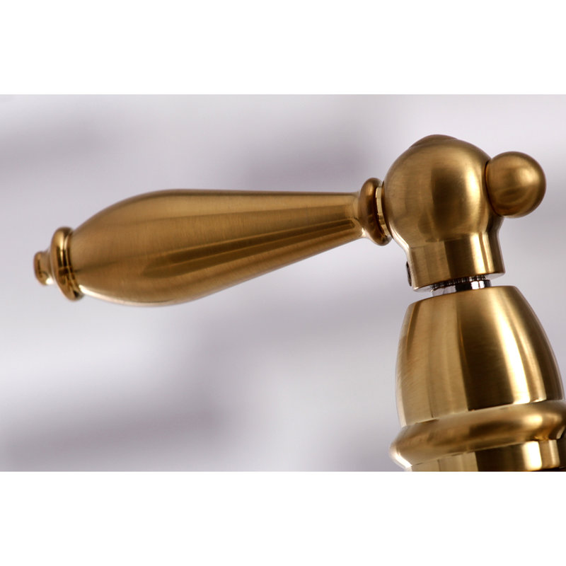 Kingston Brass Restoration Two-Handle 4-Hole Deck Mount Bridge Kitchen Faucet with Brass Side Sprayer, Satin Brass