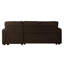Canapé d'angle convertible contemporain pour salon avec porte-gobelet, méridienne de rangement et coussins assortis, fini chocolat. Style moderne et réversible, espace principal dissimulé.