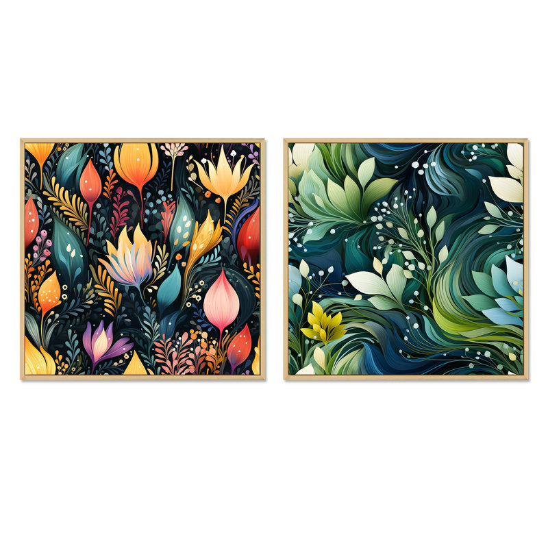 Hardcastle - Ensemble de 2 collages carrés botaniques abstraits, Cadre flottant brun, H 30 po x l 61 po