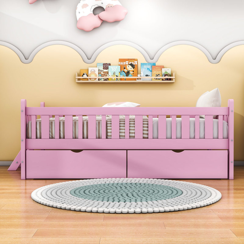 Lit plateforme simple en bois à deux tiroirs avec garde-corps, Rose