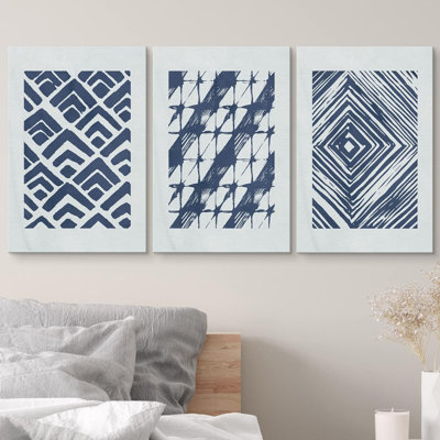 Geometric Line " Geometric Blue Diamonds And Stripes Abstract Shapes Modern Art Bohemian Navy " 3 - Pieces