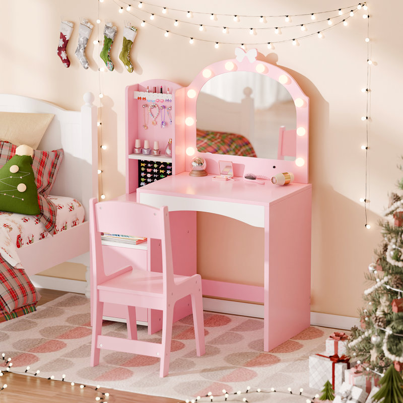 Kids Vanity, Vanity Set With Mirror And Chair, Pink