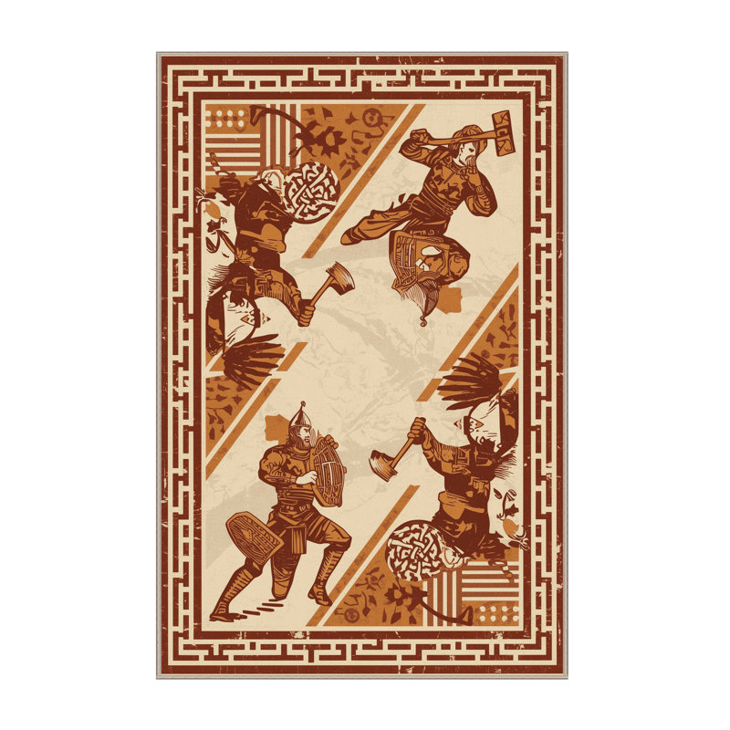 Machine Washable Medford Viking Athletic Contest Modern Rustic Vintage Look Rug in Beige – Beige Binding, 8x12
