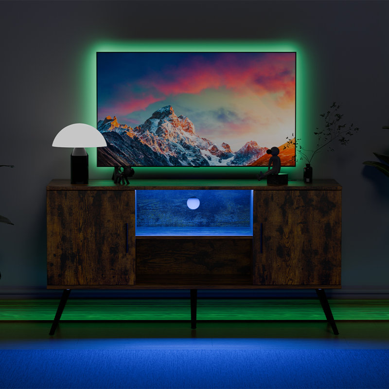 Caelum LED TV Stand Media Entertainment Centre Table With  Adjustable Shelf  And 2 Cabinets, Brown Wood