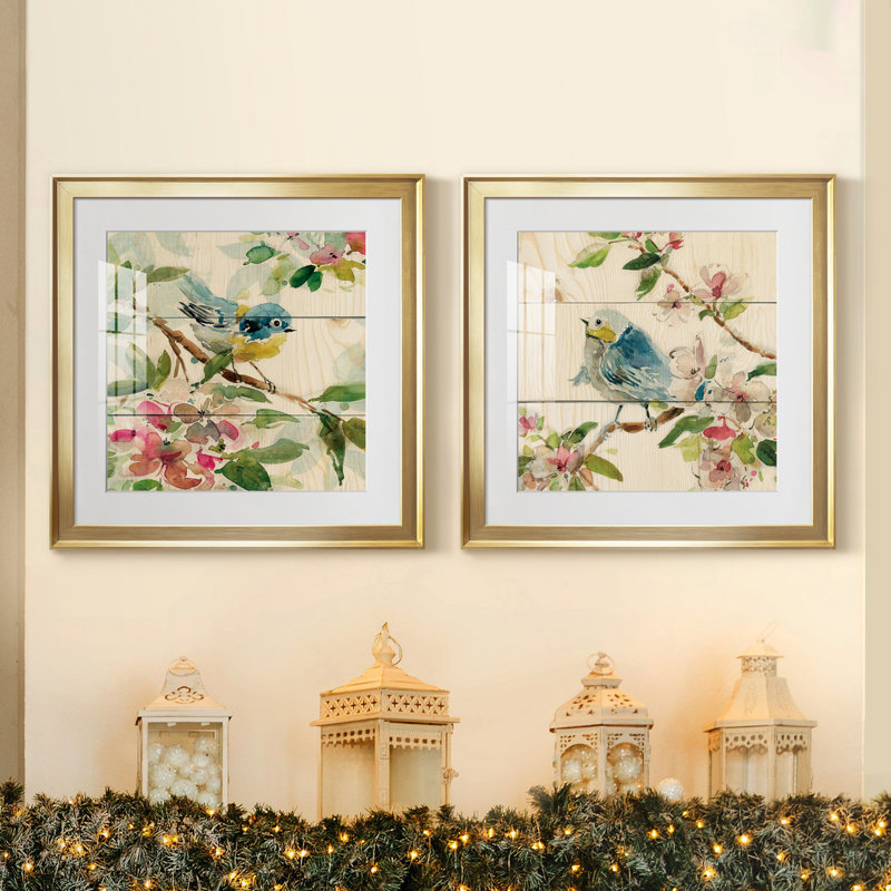 «Birds and Blossoms I», ensemble de 2 reproductions d'art encadrées, H 22,5 po x l 45 po, Toile encadrée avec passe-partout