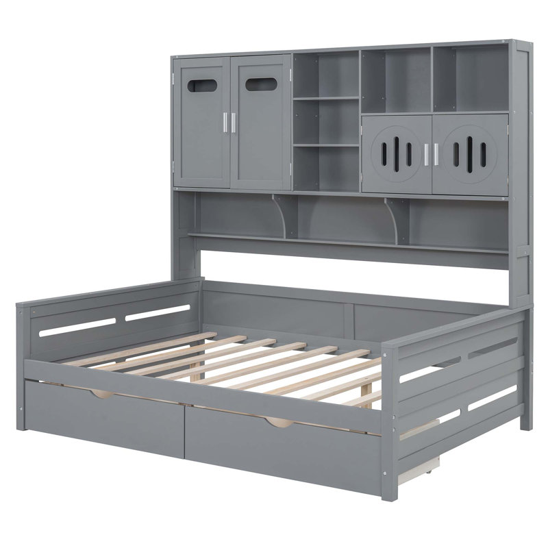 Lit de jour en bois avec tiroirs, armoire et tablette tout-en-un, Lit simple, Gris