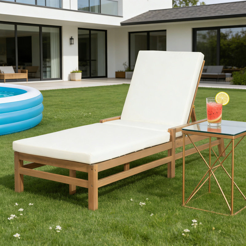 Outdoor Chaise Lounge Patio Reclining Chair With Cushion, Bois naturel
