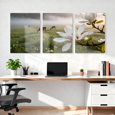 Ensemble de 3 toiles murales représentant un paysage de cerfs et de magnolias, pour la décoration du salon et de la chambre.