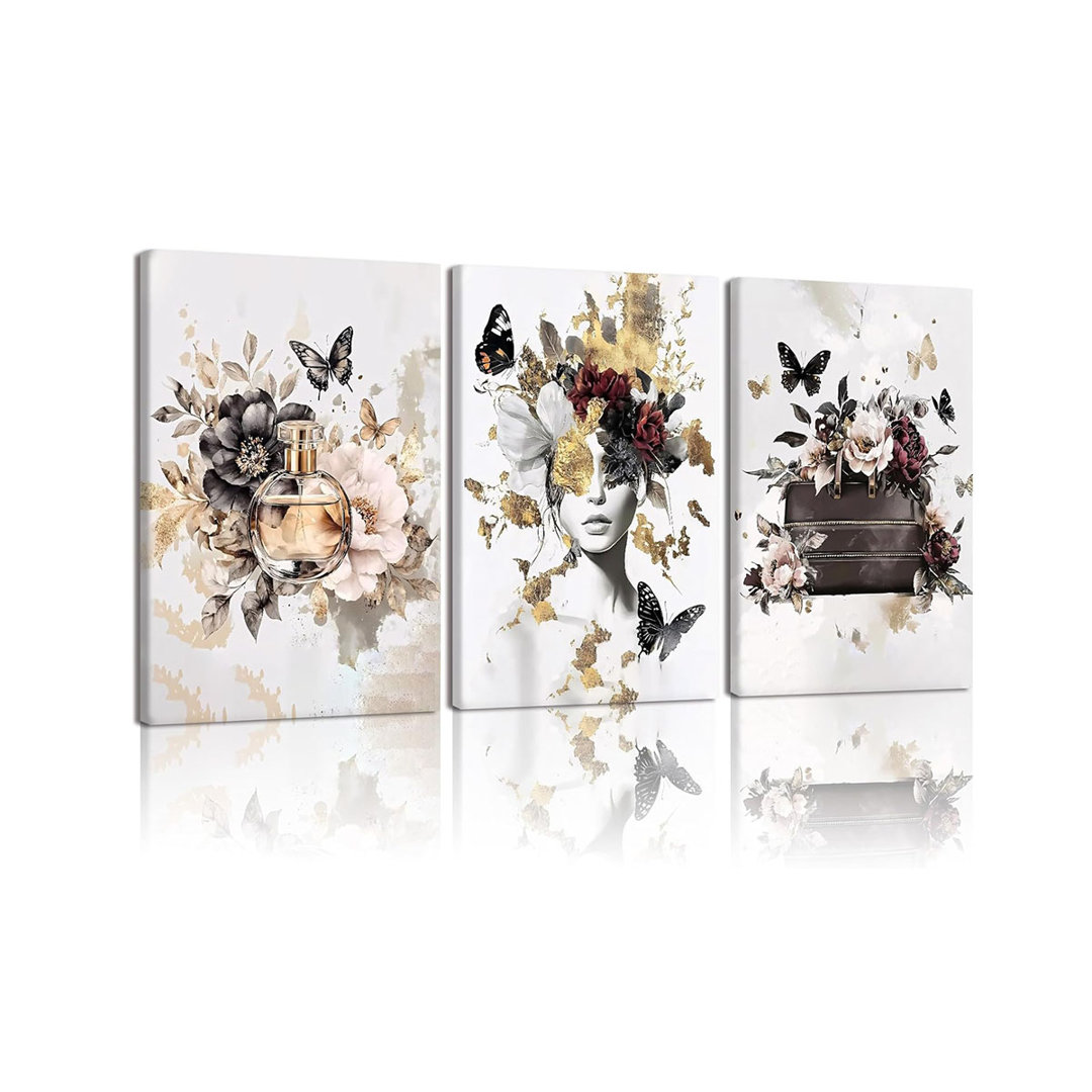 3-Pcs Luxury Watercolor Floral Butterfly Canvas Wall Art Fashion Perfume Handbag Artwork Painting Black And White Gold Wall Decor Print Suitable For G