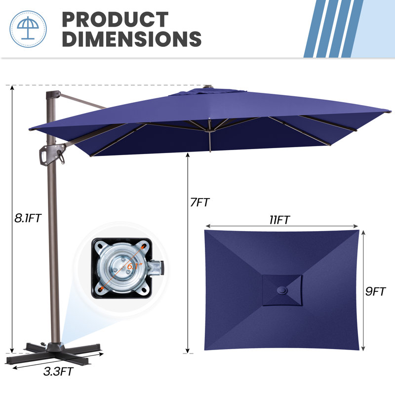9' X 11' Outdoor Cantilver Umbrella, Weighted Base Not Included, Navy Blue