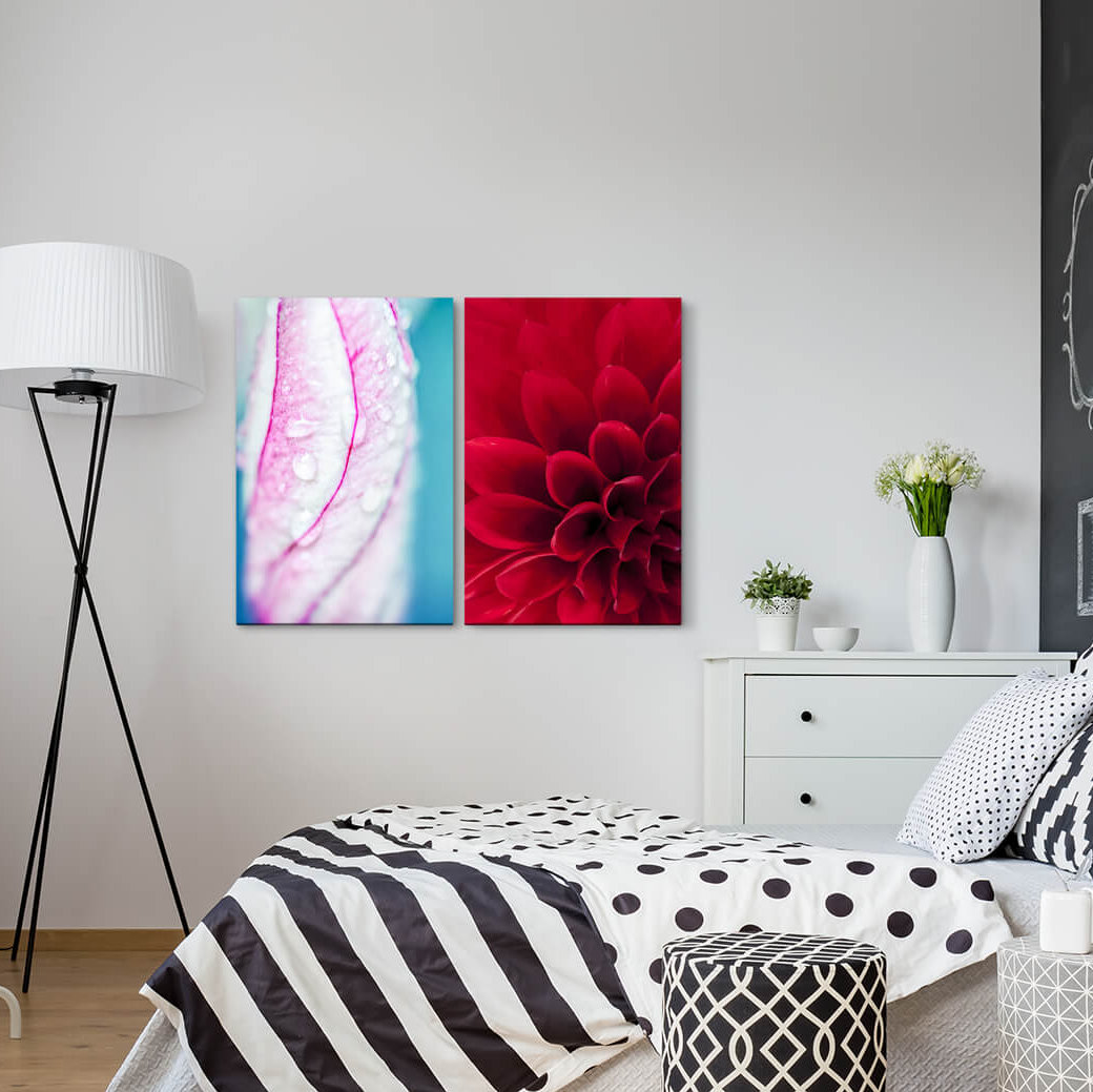 2-tlg. Leinwandbilder-Set - Fotografie „Dahlia Red Blossom Water Drops Summer Harmonious Calming”