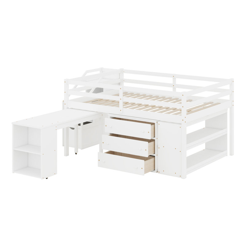 Lit mezzanine en bois avec bureau d'écriture rétractable et 3 tiroirs, avec escalier de rangement et tablettes, Blanc