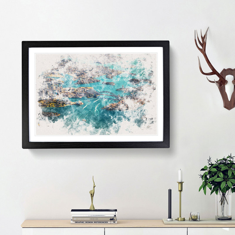 Birds Eye View Of Sydney Australia Watercolour - Single Picture Frame Print on MDF, Black Framed, 36cm H x 48cm W x 2cm D
