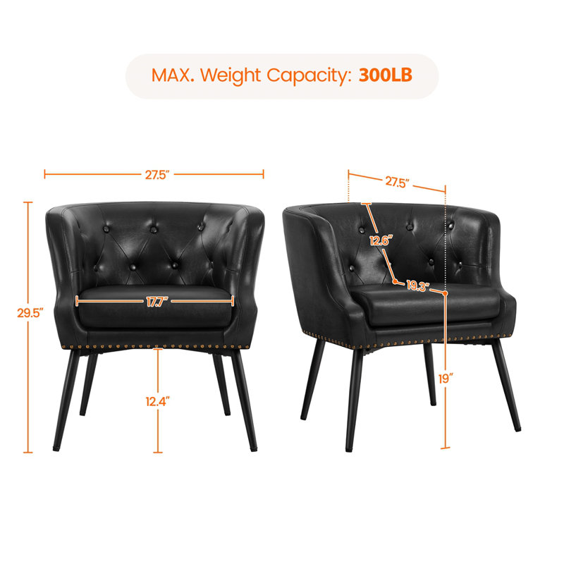 Kabron Upholstered Barrel Chair, Black Faux Leather