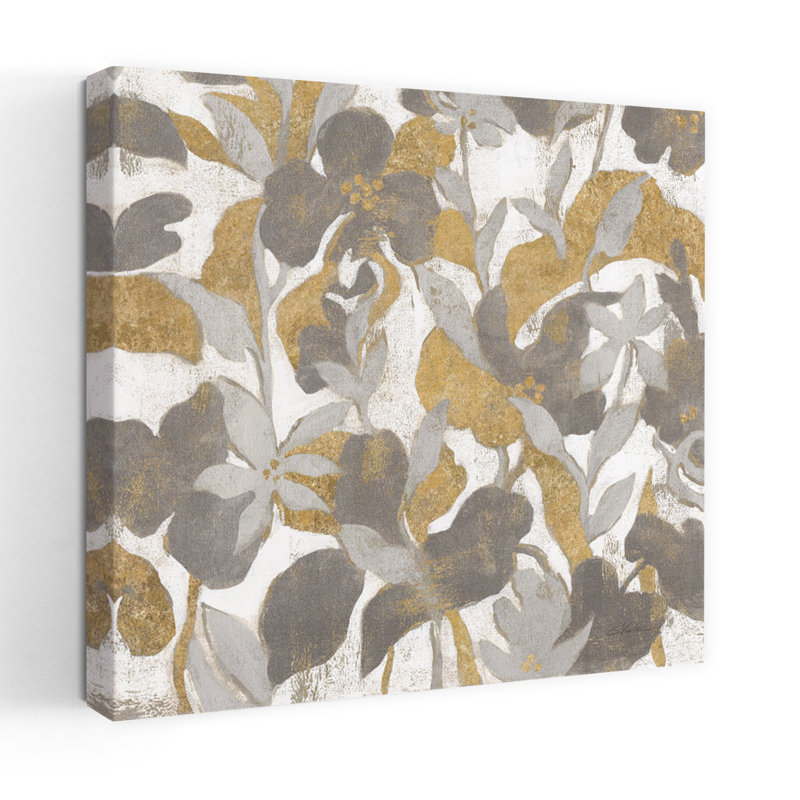 Écran tropical peint II abstrait doré gris contemporain, H 32 po x l 32 po