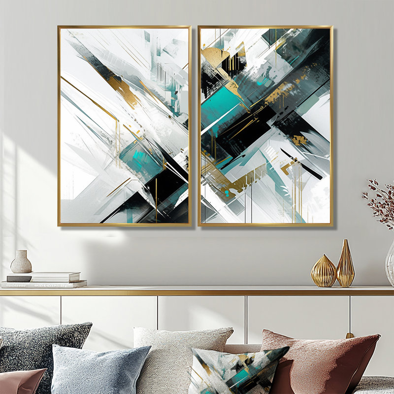 Art mural grand bleu sarcelle cubiste kaléidoscope, 36" H x 48" W, Impression encadrée flottante, Gold