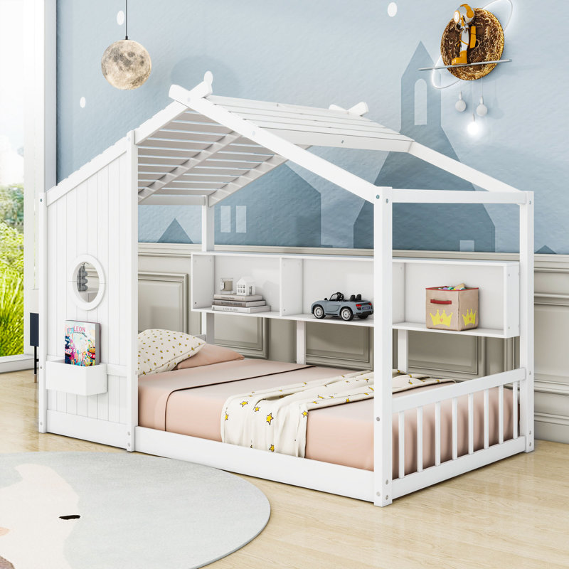 Lit maison en bois avec tablette de rangement, Simple, Blanc