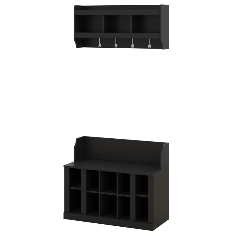 Hall Tree With Bench, Entryway Bench With Wall Mounted Coat Rack, Hall Tree Entryway Furniture With Shelves And 4 Hook, Black
