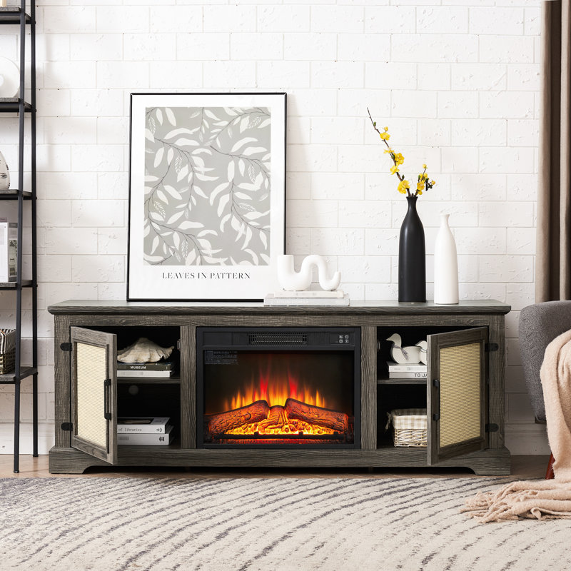 Meuble télé accentué avec foyer et rangement de 23 po, pouvant accueillir des téléviseurs jusqu'à 70 po, portes et foyer gris gris, téléviseurs de 70 po, l 65 po x P 15,59 po et H 23,59 po, tablettes réglables
