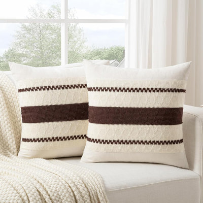 Organic Farmhouse Boho Decor Pillow Covers 2 Pack 18x18", Brown Hand Woven Macrame Cotton Throw Cushion Cases