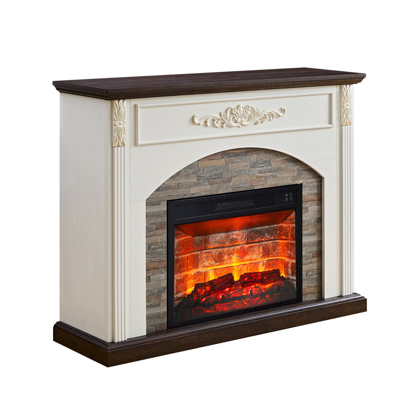 44" Farmhouse Electric Fireplace With Heater Insert & Mantel - Rustic For Living Room, Cream