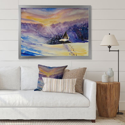 " Purple Sunset Cottage Covered With Snow " Painting Print