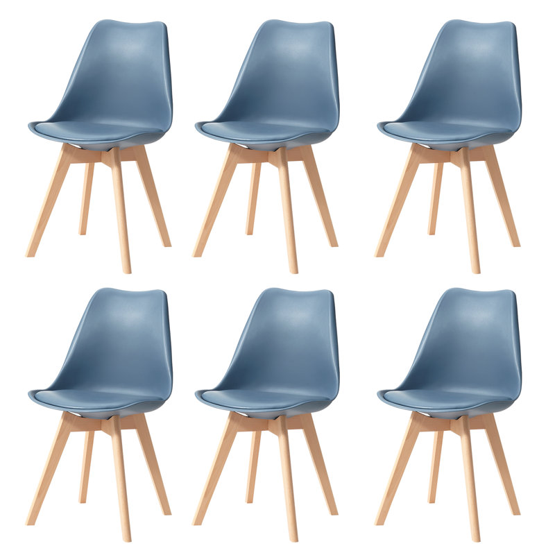 42.5cm Modern style Dining Chair, Padded Plastic Side Chair with Solid Wood Legs, Dark Blue, 6