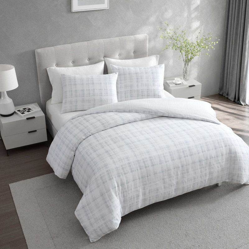 Vera Wang Blurred Plaid Cotton Reversible Blue Duvet Cover Set, King Duvet Cover + 2 King Shams