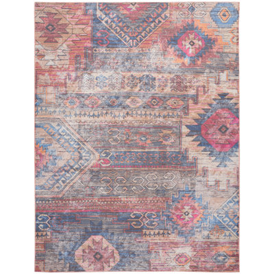 Machine Washable Southwestern Blue/Red Area Rug