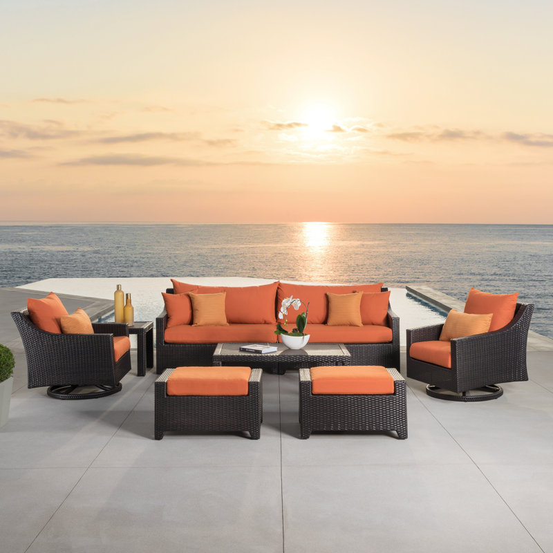 Fionnula 8 Piece Rattan Sofa Seating Group With Sunbrella Cushion Covers, Tikka Orange