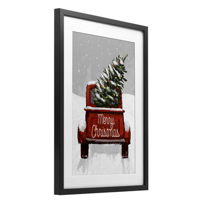 Merry Christmas Snowy Tree Truck Framed Print Under Glass, design by Dogwood Portfolio