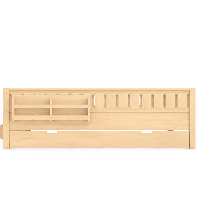 Queen Size Bed With Built-In Bookshelves, Trundle, And Natural Color, Comfortable Sleep Area, Pine Trundle Bedside Bookshelf, Rounded , Plywood Design, Easy Installation Mission