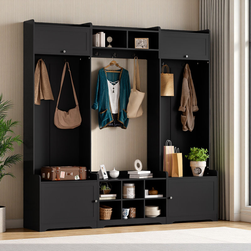 Arbre d'entrée de 79,1 po de largeur avec rangement pour chaussures, banc d'entrée 4 en 1 avec 8 casiers, 7 crochets à manteau et tablette réglable pour le couloir