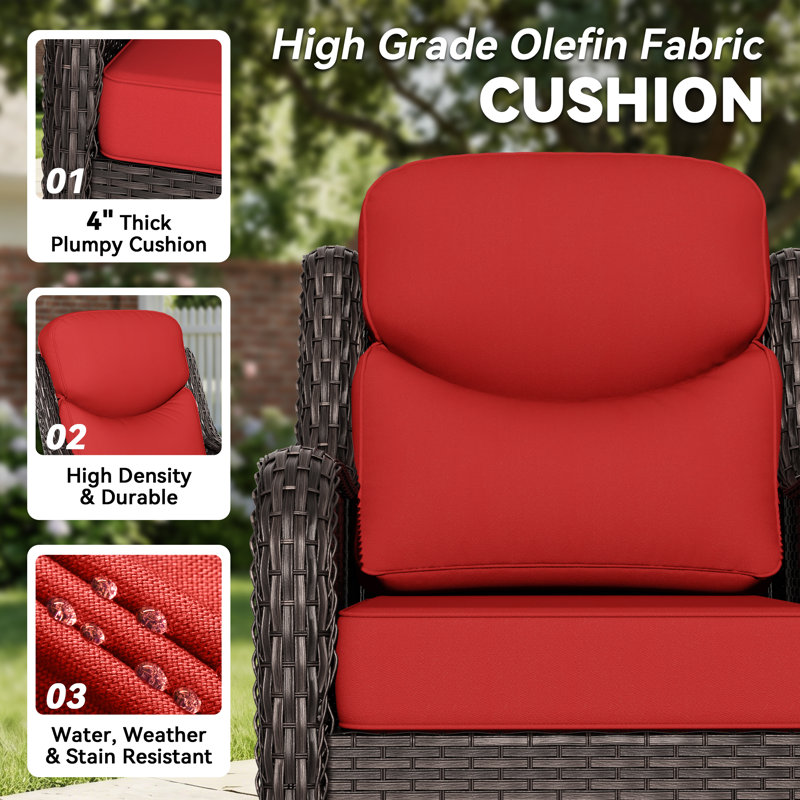 Adcox 2-Person Outdoor Patio Conversation Rattan Sets With Side Table,2 Swivel Chairs and Red Cushions, Red