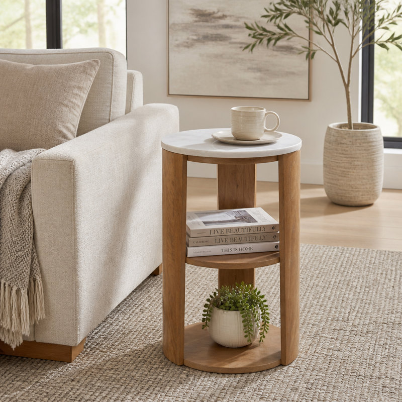 Table d'appoint moderne à plateau rond en marbre avec rangement en bois à deux niveaux pour le salon - table de bout étroite pour la décoration intérieure - 23 po, blanc et brun
