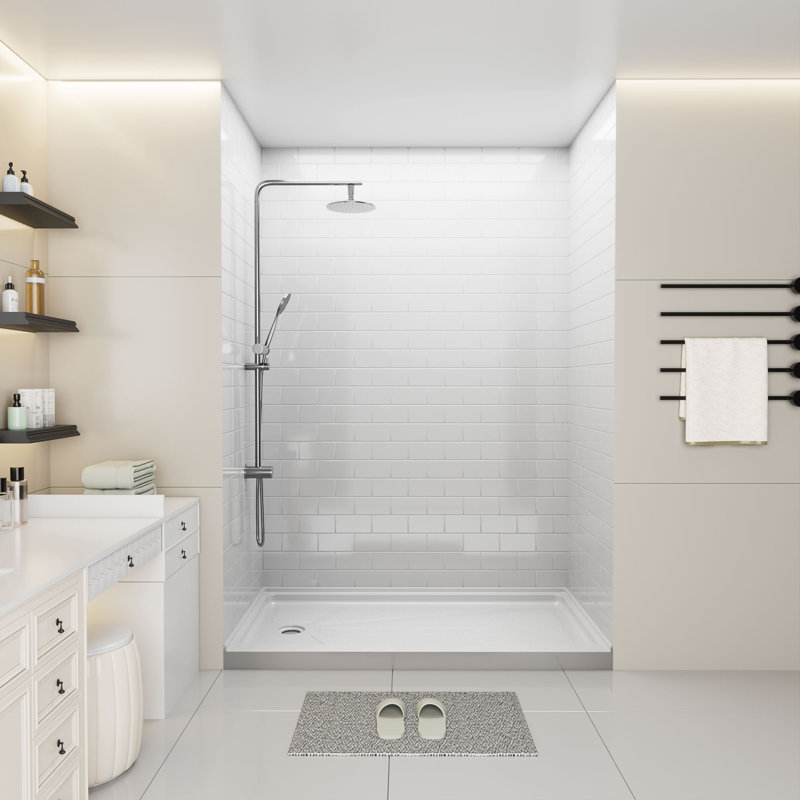 Ensemble de 3 panneaux muraux de douche et de baignoire en acrylique avec petits carreaux blancs l 60 po x P 32 po x H 96 po