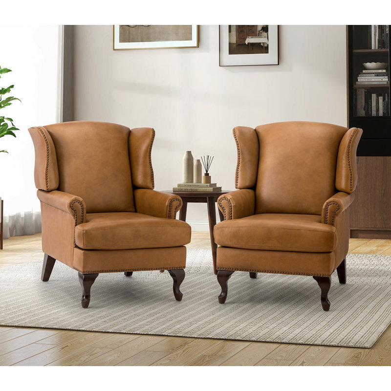 Anapatricia 32.5'' W Genuine Leather Wingback Armchairs, Camel Genuine Leather