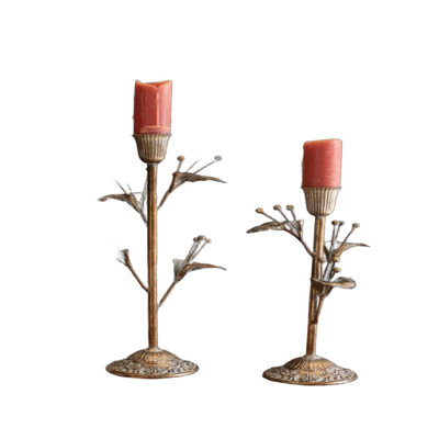 Kalalou Elegant Flower Taper Candle Holders Antique Brass Finish Set of 2 - 14.5"H