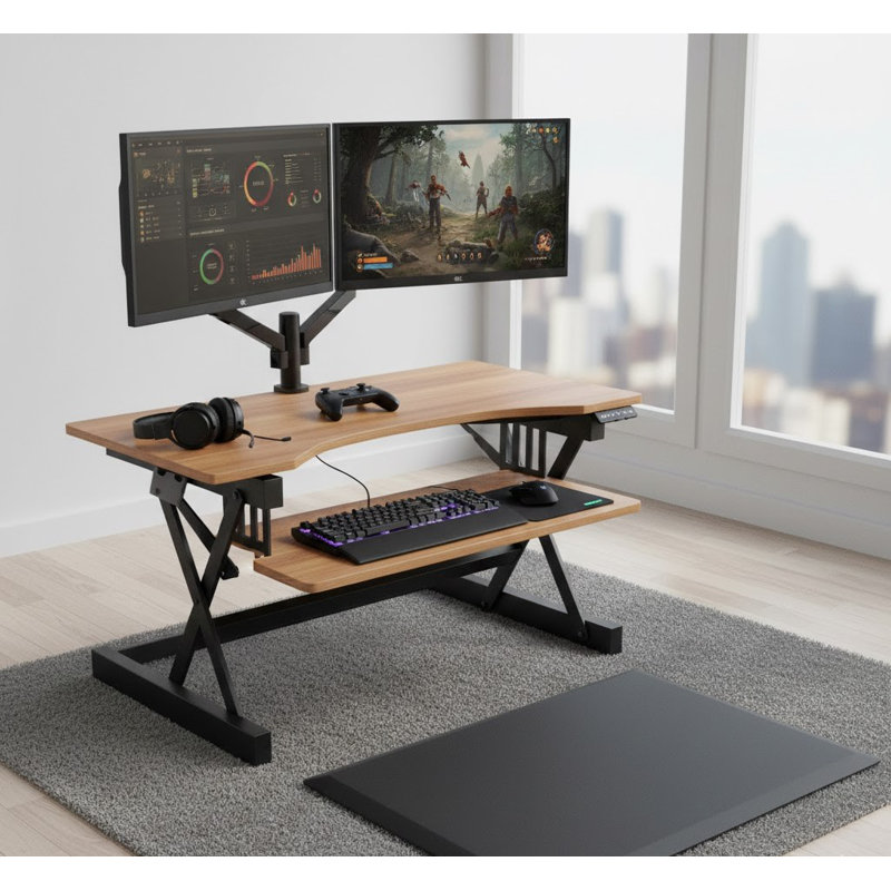  40 in. Beige Height Adjustable Standing Desk Converter with Anti Fatigue Mat Computer Workstation Riser Keyboard Tray