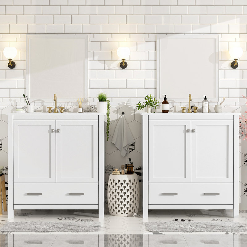 60" Bathroom Vanity Set with Double Vanities, White/Silver