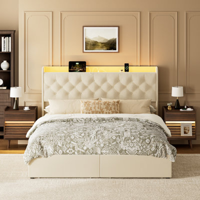Ensemble de chambre à coucher 3 pièces, lit rembourré avec 4 tiroirs et 2 tables de chevet inclinées