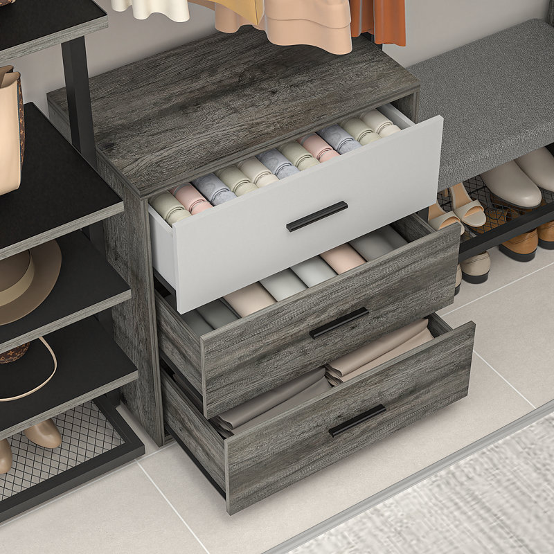 Strathaven Walk in Closet System with 6 Closet Drawers, Black/Grey