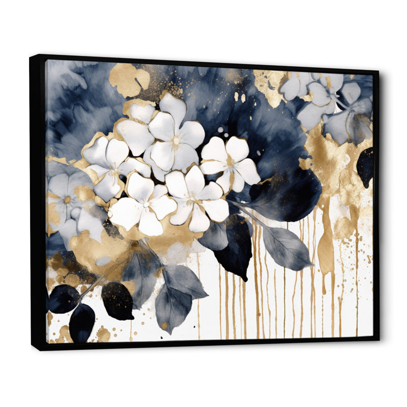Hortensias en or blanc et ciel I - impressions florales encadrées, Cadre flottant noir, H 16 po x l 32 po x P 1,5 po